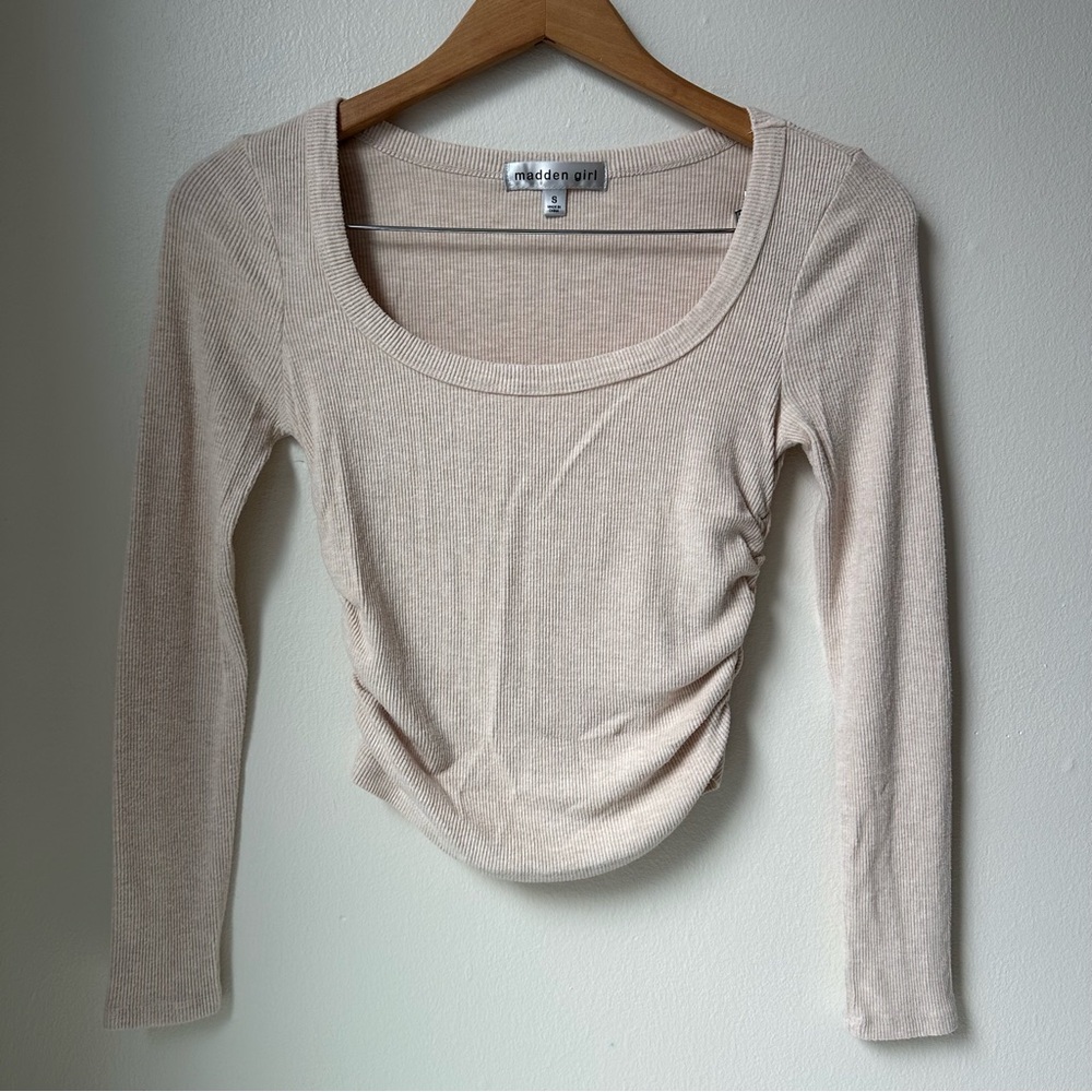 Beige Ruched Long Sleeve Top